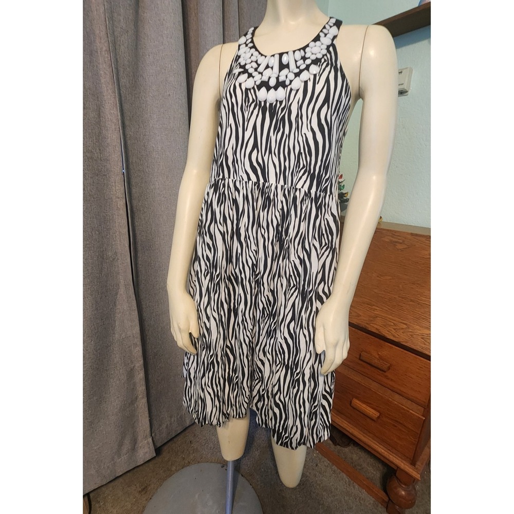 Y2k DG2 By Diane Gilman Dress Zebra Print chunky Beaded Racerback Bubble Hem M
